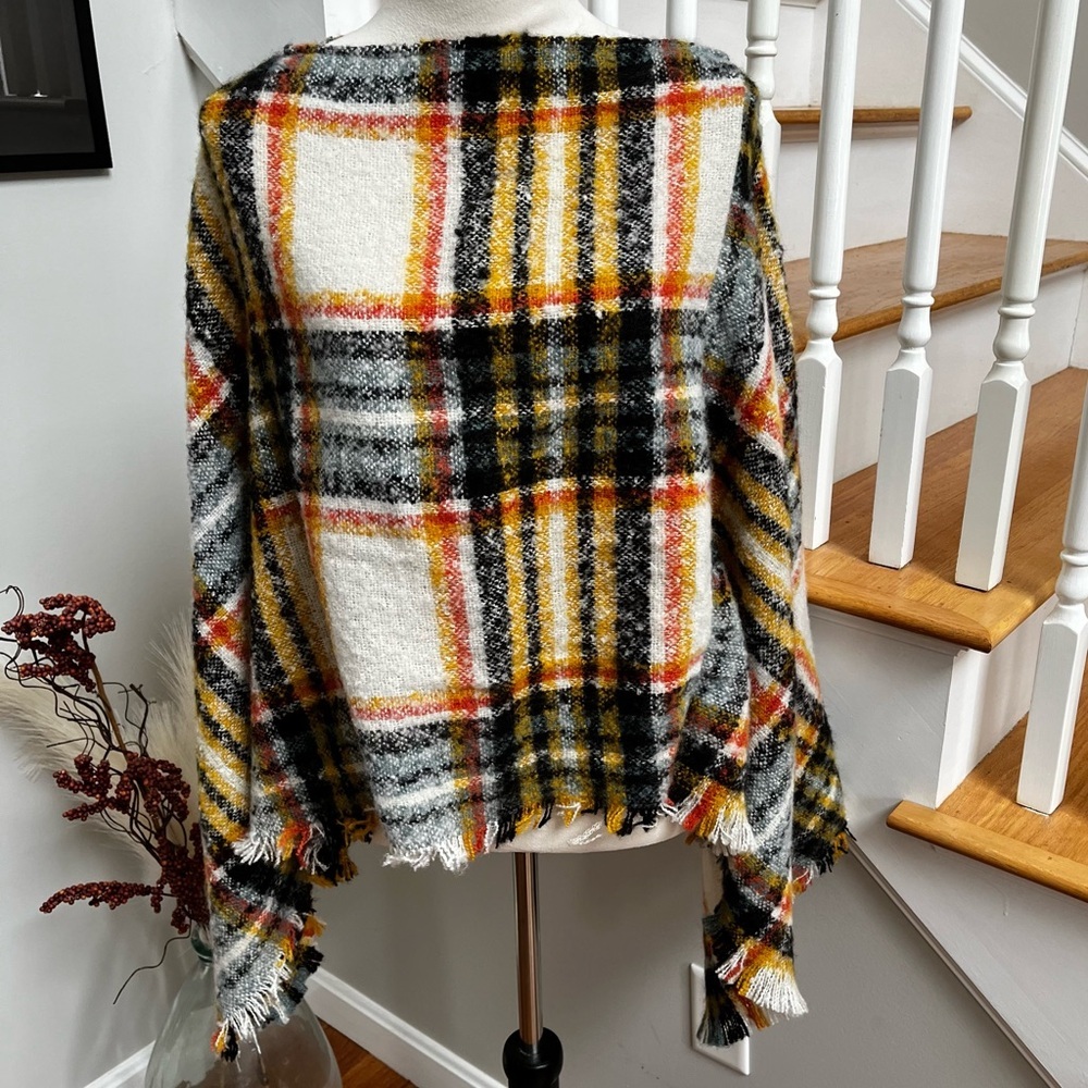 Poncho Shawl Plaid Cream Black Orange Yellow Boat Neck Pullover NEW